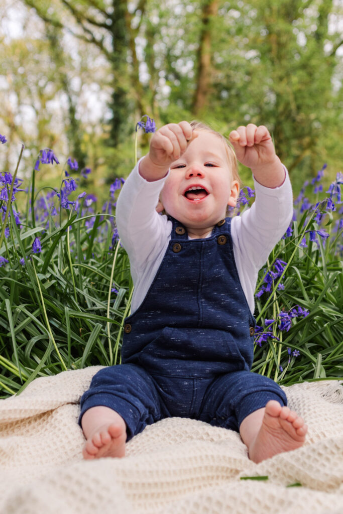 Little boy raising his arms as he sits on a blanket in front of bluebells 