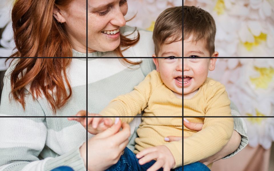 Photos of a mother and little boy showing the rule of thirds grid