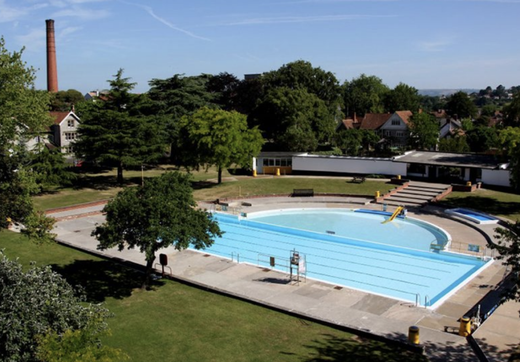 Ariel view of Green Bank Outdoor Heated swimming pool in Somerset