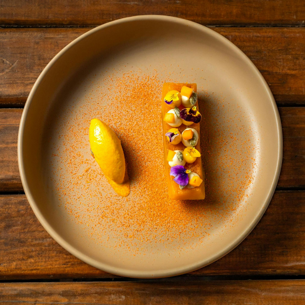 Plate of dessert decorated with with edible flowers